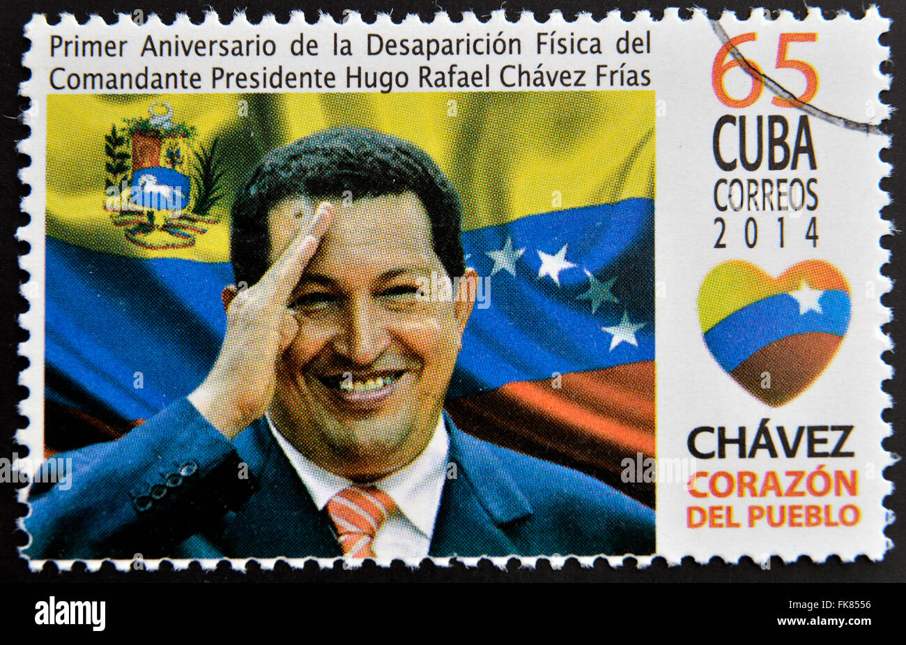 CUBA - circa 2014: un timbro stampato in Cuba mostra Hugo Rafael Chavez (1954-2013), Presidente del Venezuela, circa 2014 Foto Stock