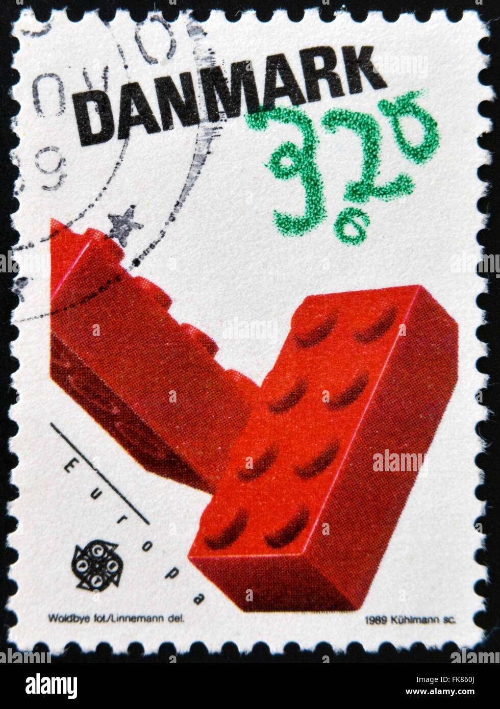 Danimarca - circa 1989: un timbro stampato in Danimarca mostra i blocchi di Lego, giocattoli per bambini, circa 1989 Foto Stock