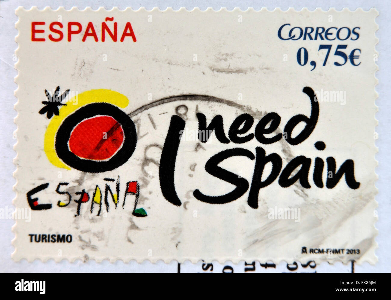 Spagna - circa 2013: un timbro stampato in Spagna mostra turismo Spagnolo simbolo creato da Joan Miro, ho bisogno di Spagna, circa 2013 Foto Stock