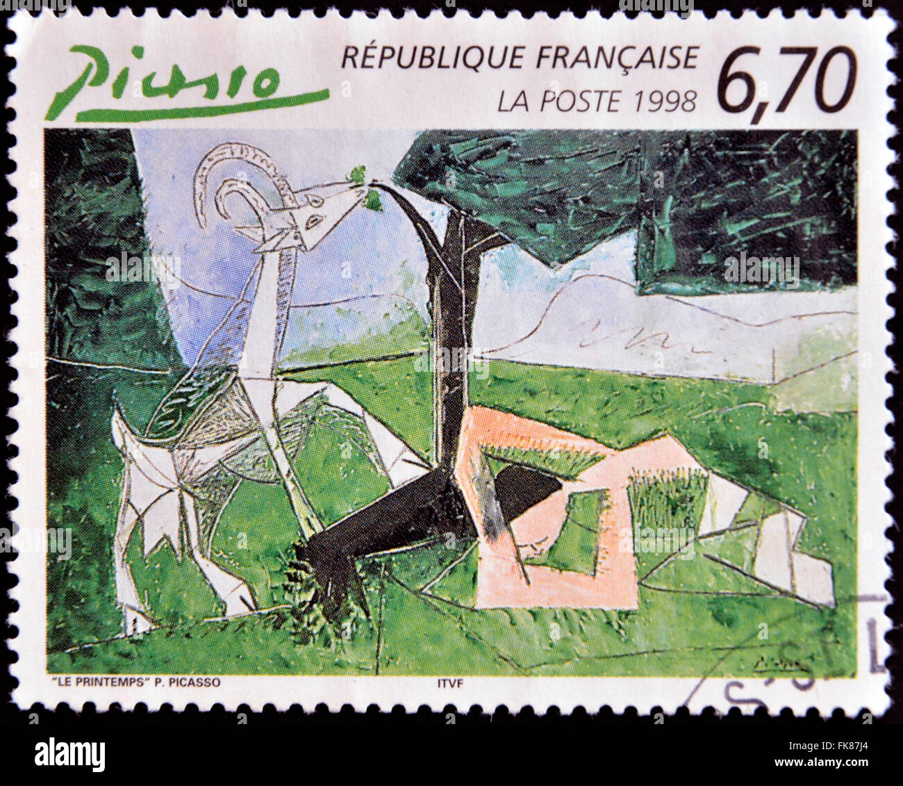 Francia - circa 1998: un timbro stampato in Francia mostra la molla di Pablo Picasso, circa 1998 Foto Stock