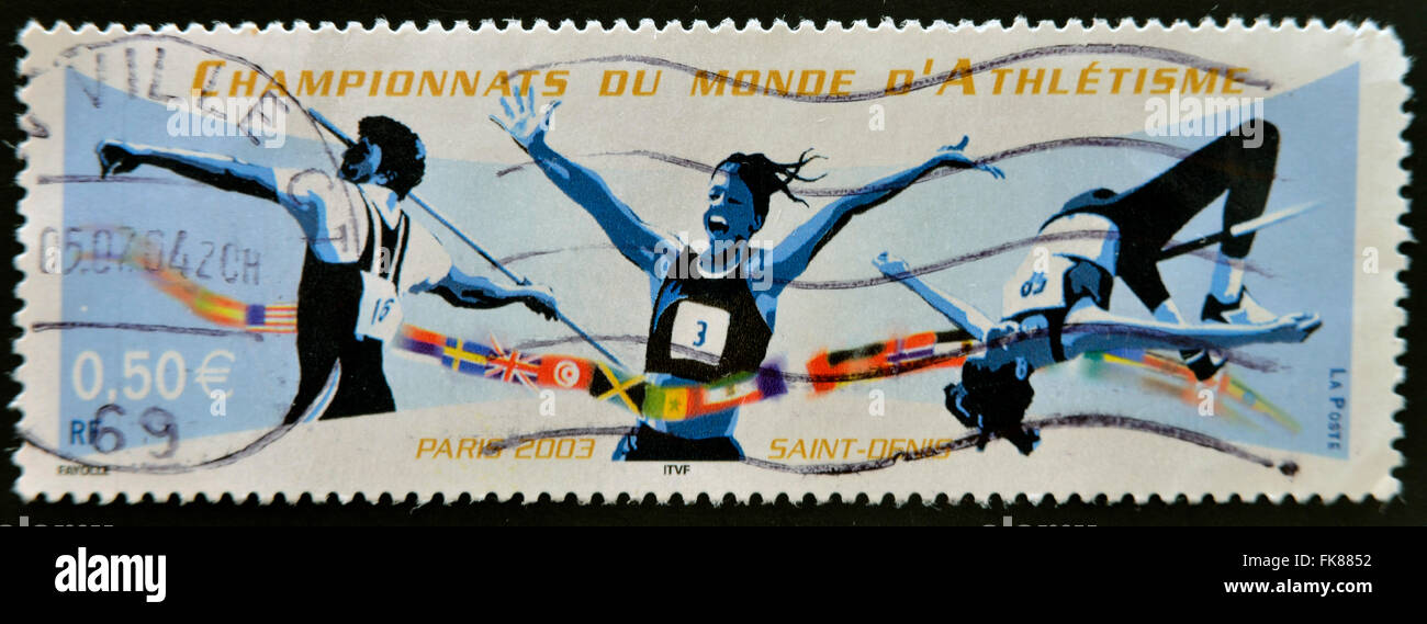 Francia - circa 2003: un timbro stampato in Francia dedicata al Campionato mondiale di atletica leggera, circa 2003 Foto Stock