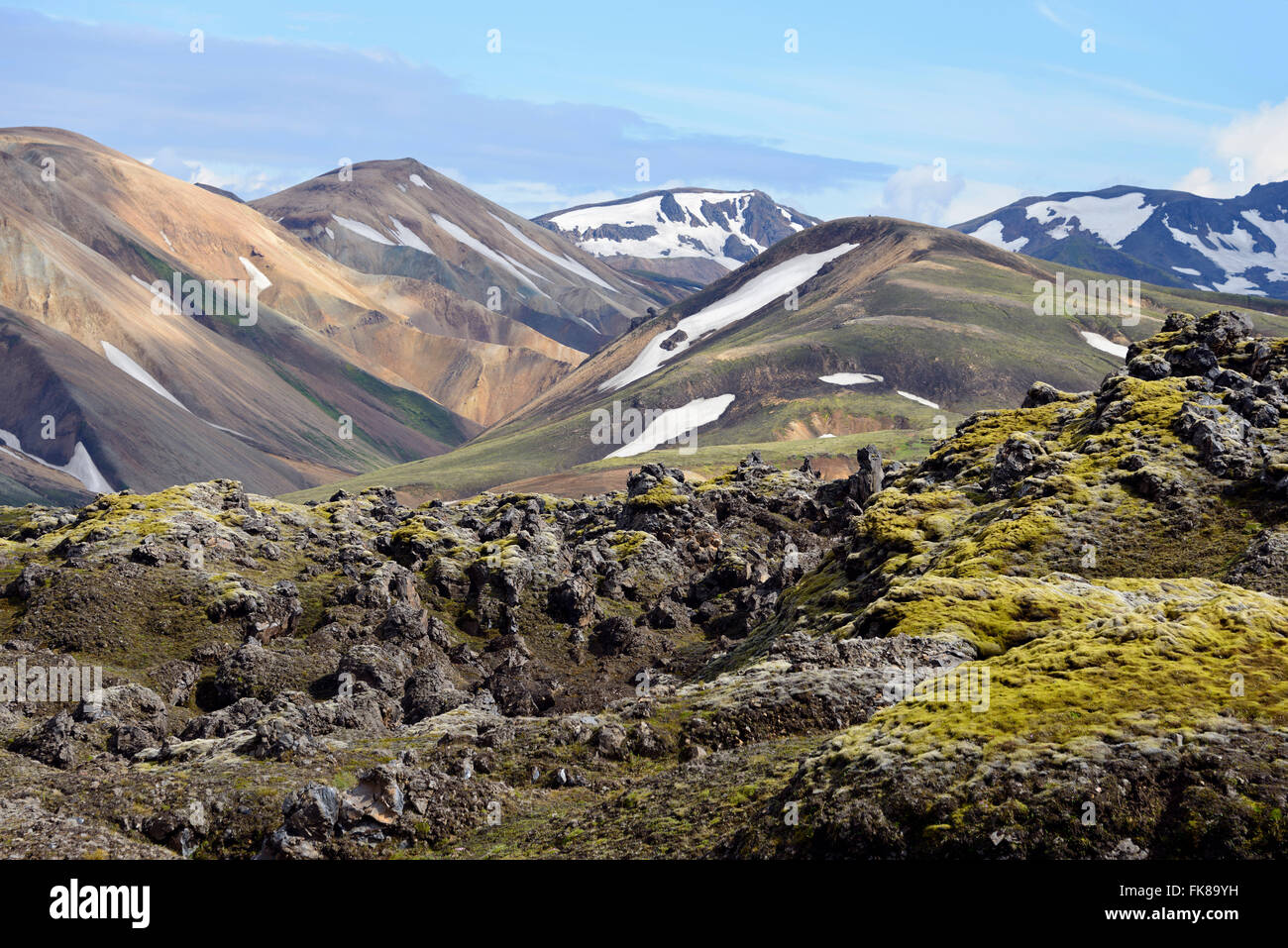 Paesaggio vulcanico, Laugahraun, Fjallabak National Park, Landmannalaugar, Islanda Foto Stock