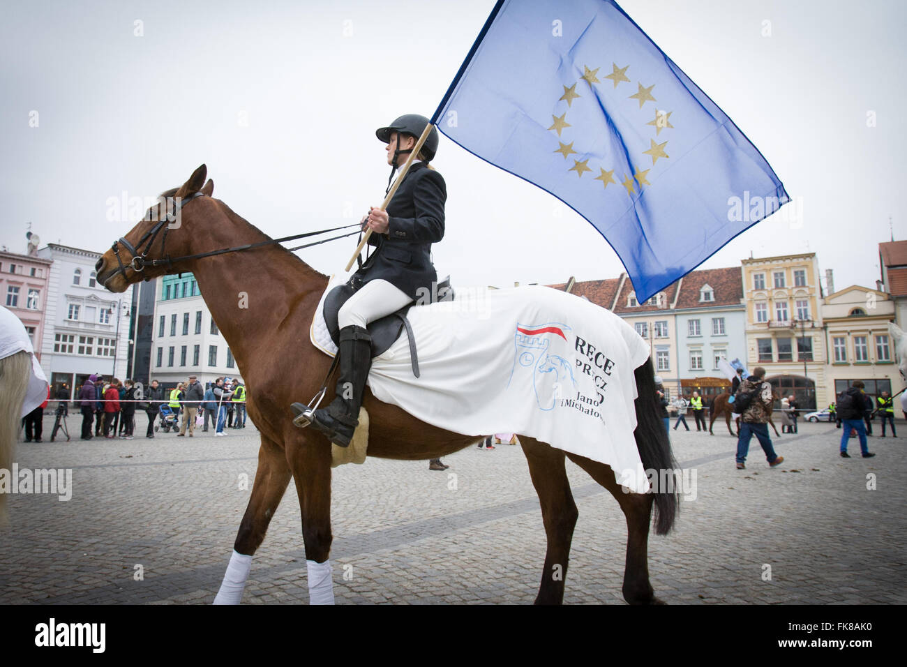 I cavalieri si vede la dimostrazione contro una recente decisione del governo di sostituire tre direttori di agenzia agricola ANR che ricade sotto il ministero dell'agricoltura. L'organizzazione è responsabile anche per l'allevamento di top class cavalli popolare con gli acquirenti a livello mondiale. Il conservatore Diritto e Giustizia il partito al potere dal mese di ottobre 2015 ha preso alcune decisioni controverse e il recente e improvvisa sostituzione di tre figure chiave nel settore agricolo agenzia con persone con nessuna esperienza precedente in allevamento di cavalli è visto come un unratified espansione dei loro poteri e dannosa per il fut Foto Stock
