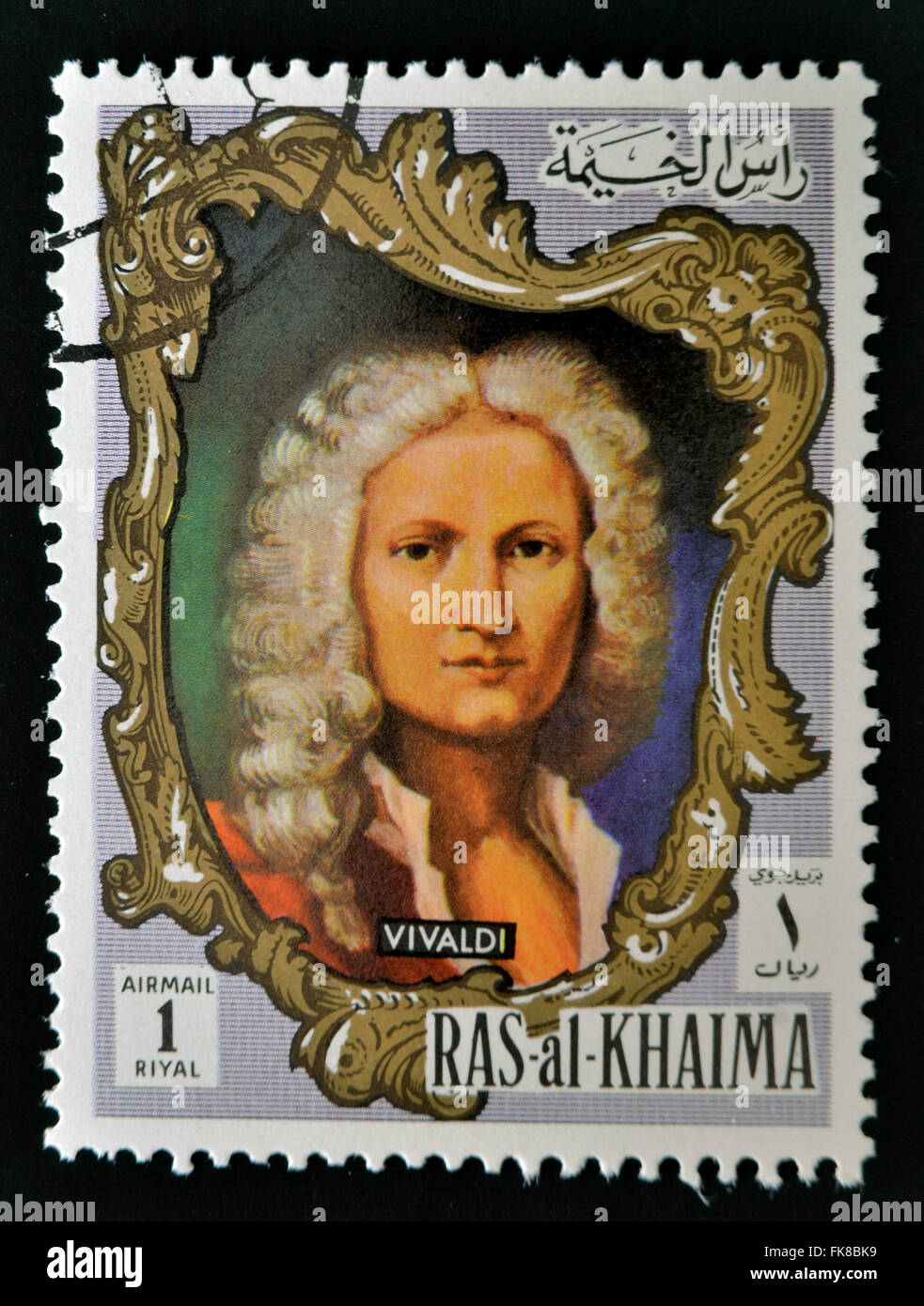 RAS al-Khaimah - circa 1970: un timbro stampato in Ras al-Khaimah mostra Antonio Lucio Vivaldi, circa 1970 Foto Stock