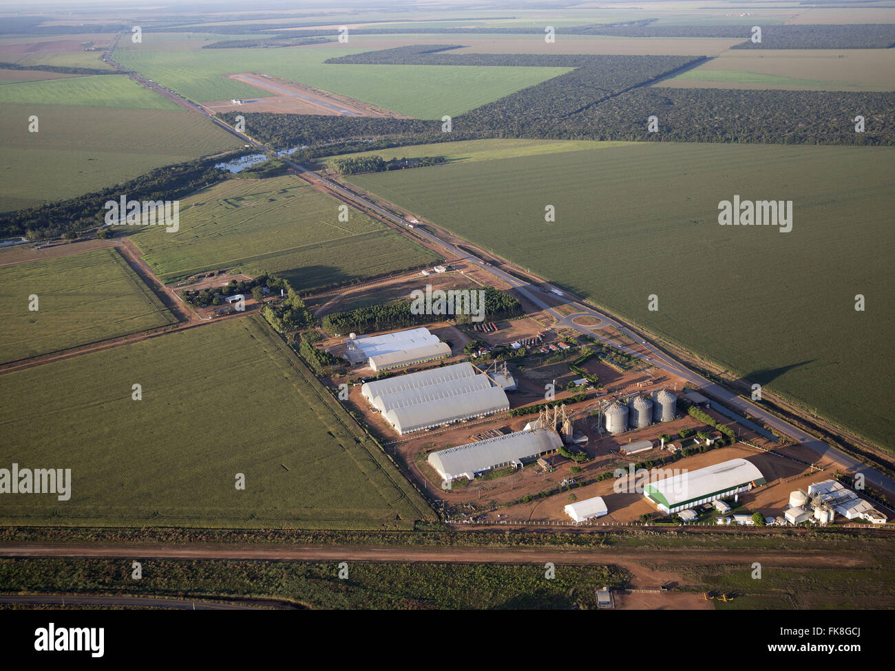 Vista aerea di piantagione di mais e silos per il grano sull'autostrada BR-163 Autostrada in campagna Foto Stock