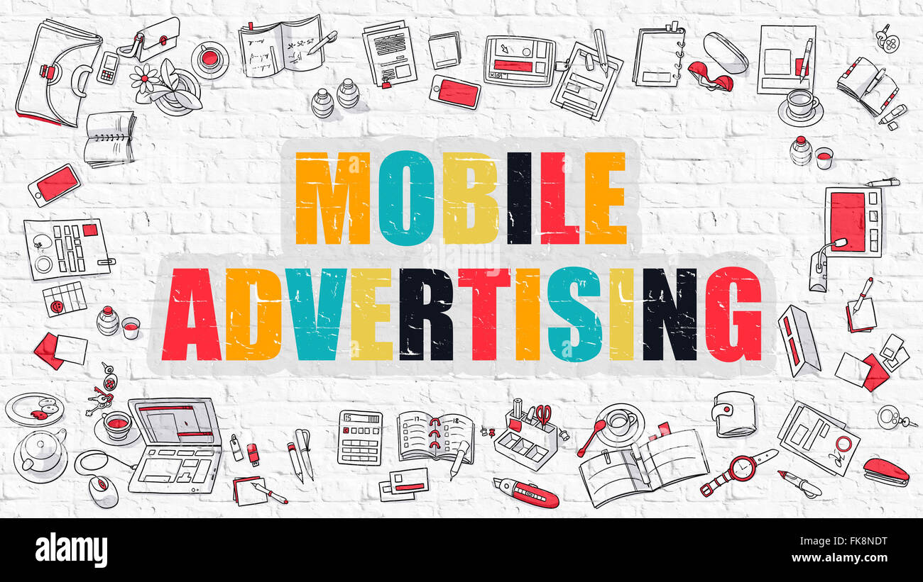 Mobile Advertising concetto con Doodle icone del design. Foto Stock