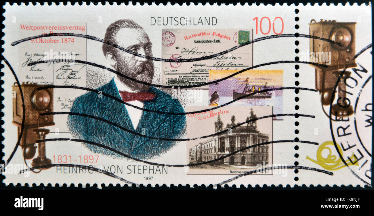 Germania- circa 1997: timbro stampato in Germania mostra Heinrich von Stephan, circa 1997 Foto Stock