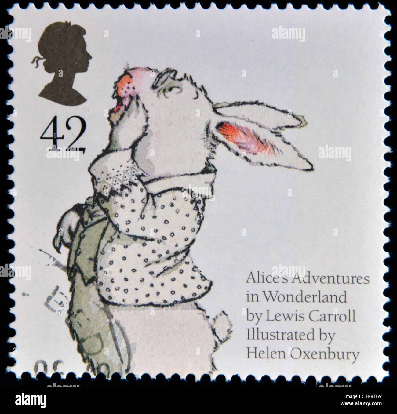 Regno Unito - circa 2006: un timbro stampato in Gran Bretagna dedicato ai racconti di animali, mostra il coniglio bianco da Lewis Caroll's Foto Stock