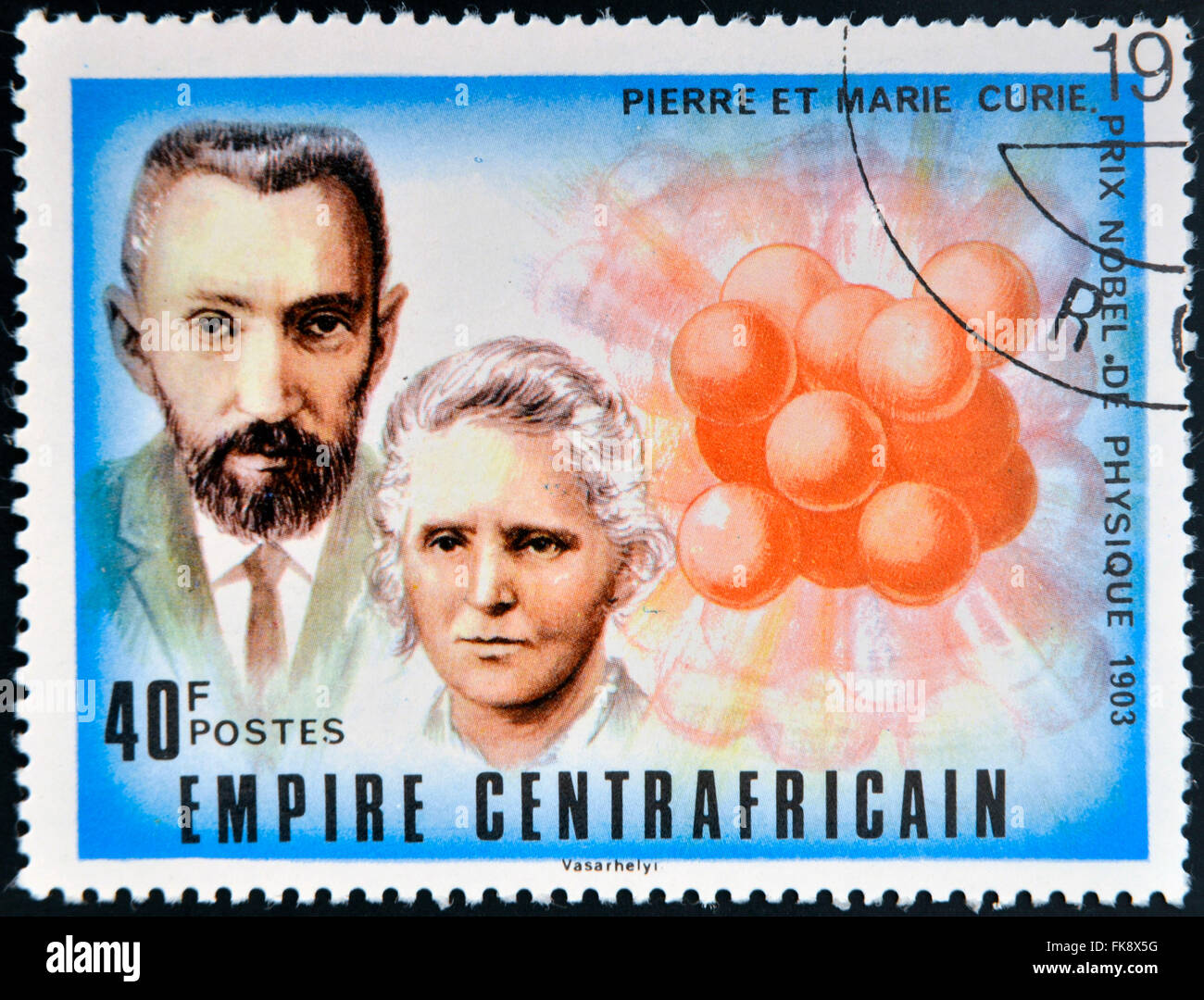 Repubblica Centrafricana - circa 1977: timbro stampato nella Repubblica Centrafricana, Mostra Premio Nobel, Pierre e Marie Curie Foto Stock