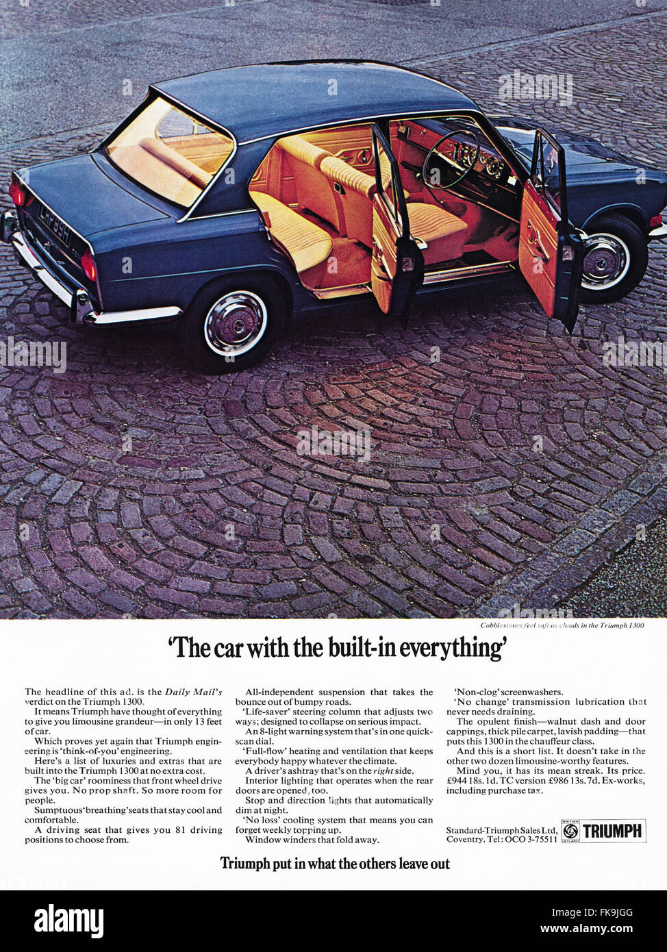 Vintage originale pieno colore pagina annuncio da 1960s. Annuncio datato 1969 pubblicità nuovo trionfo 1300 auto. Foto Stock