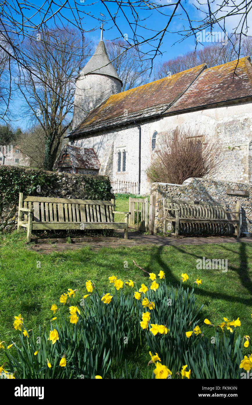 Il Sassone chiesa di San Pietro in East Sussex frazione di Southease su un inizio di mattina di primavera Foto Stock