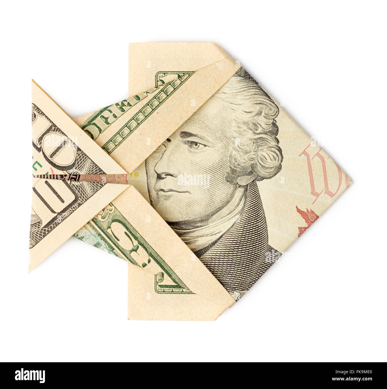 Dieci dollari origami pesce isolato su sfondo bianco. Moneygami. Cattura grande. Foto Stock