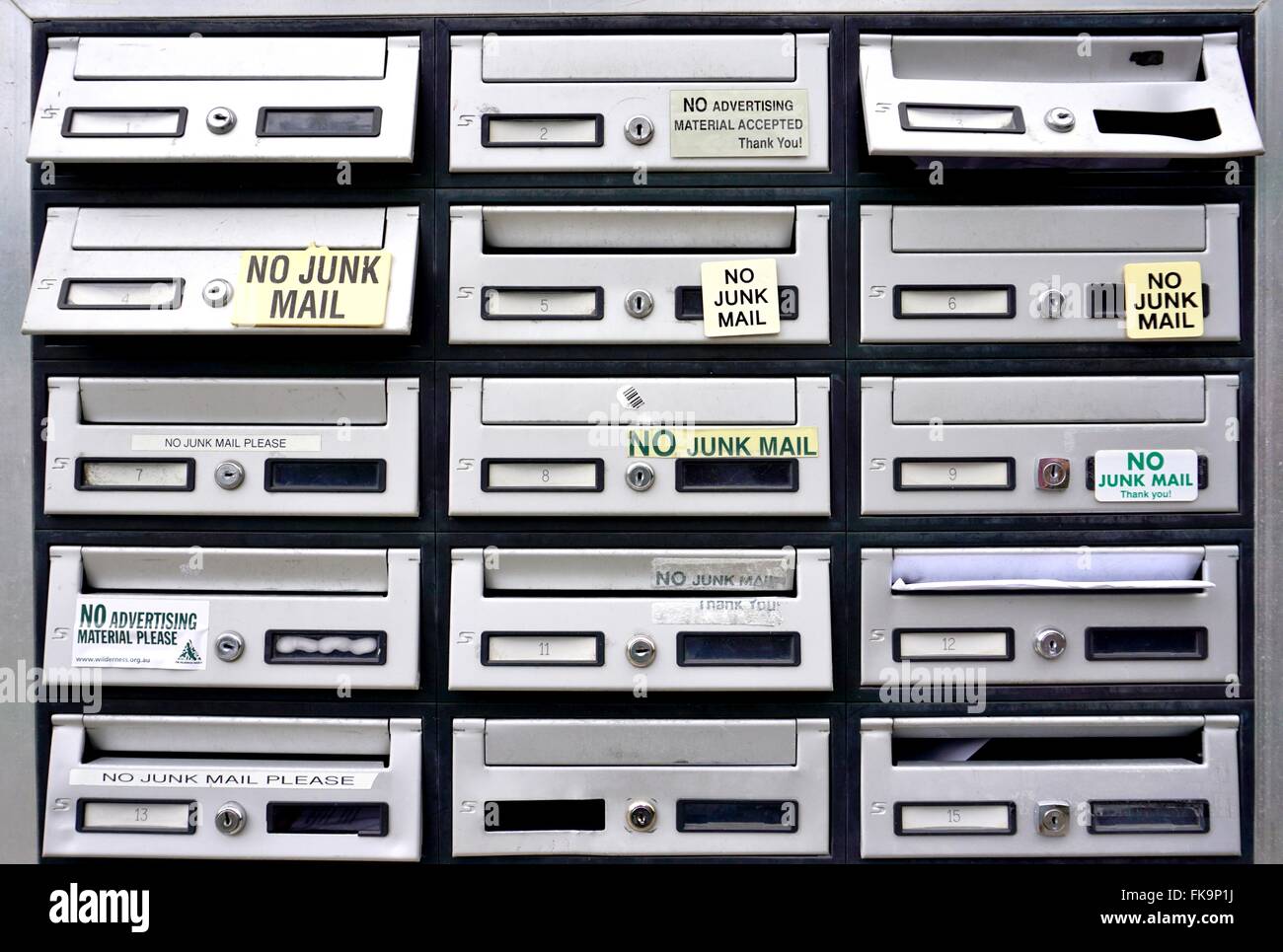 Segno contro il materiale pubblicitario (posta indesiderata) visualizzato su una cassetta postale Foto Stock