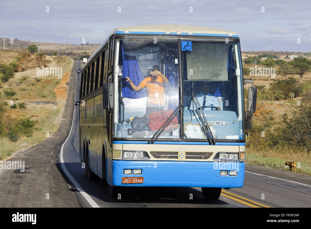 Il bus che viaggiano su strada attraverso la vegetazione a macchia del bahiana backlands Foto Stock