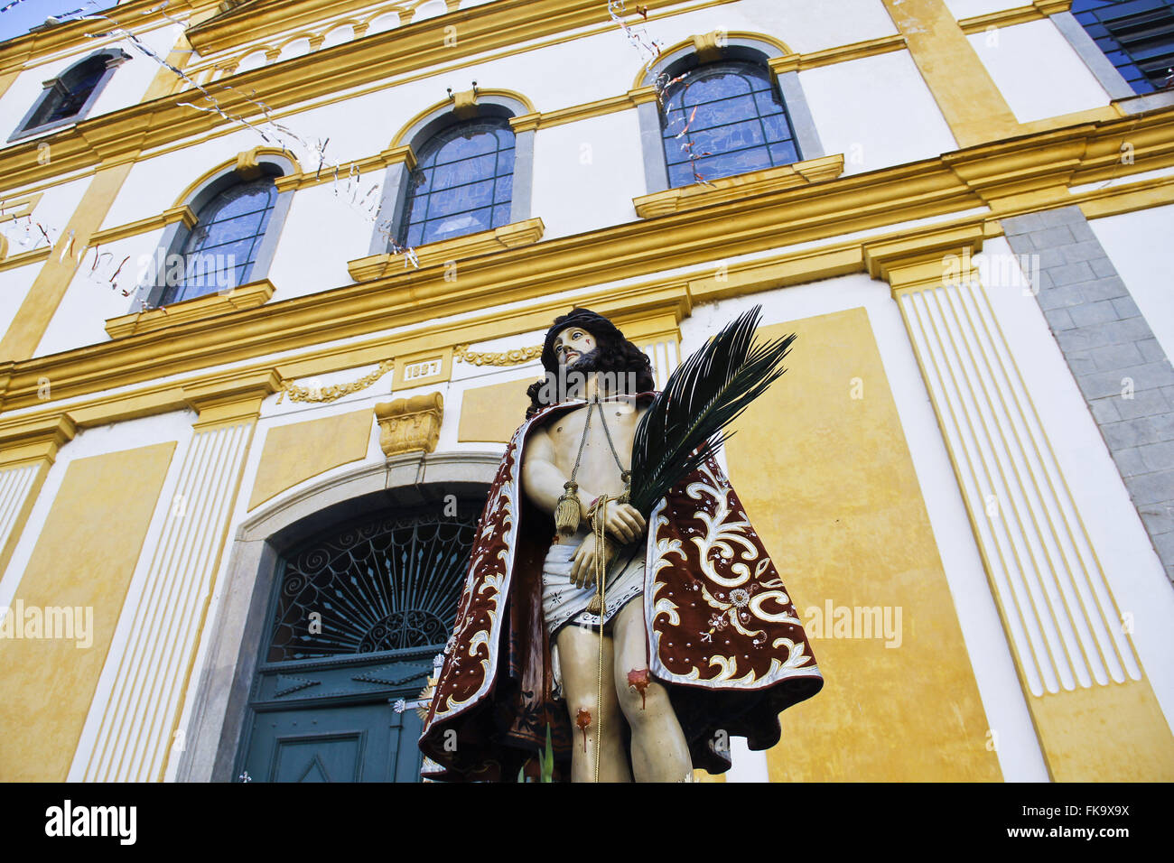 Immagine del patrono Buon Gesù di fronte al Santuario con lo stesso nome Foto Stock