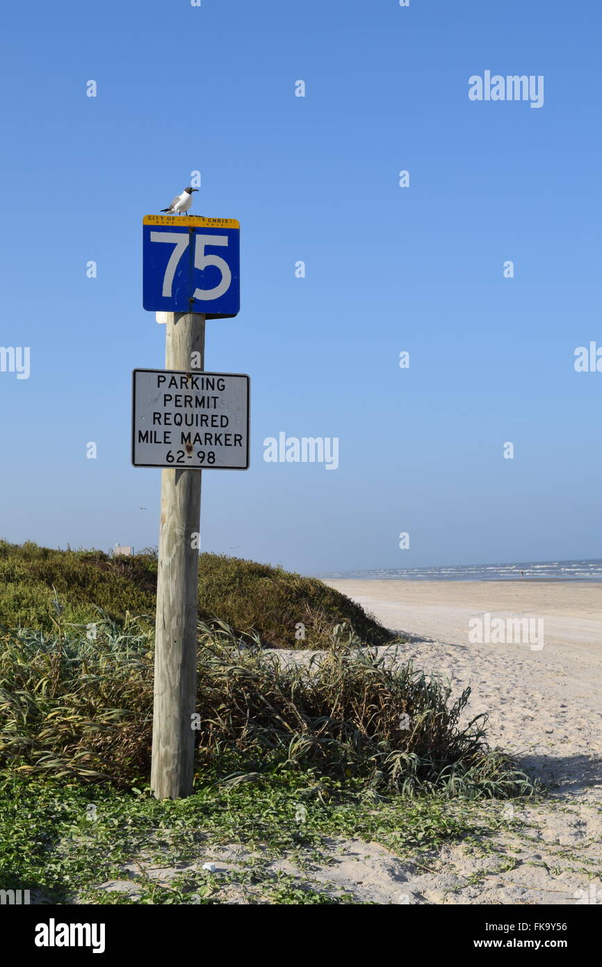 Mile marker sulla Mustang Island, Texas. Foto Stock