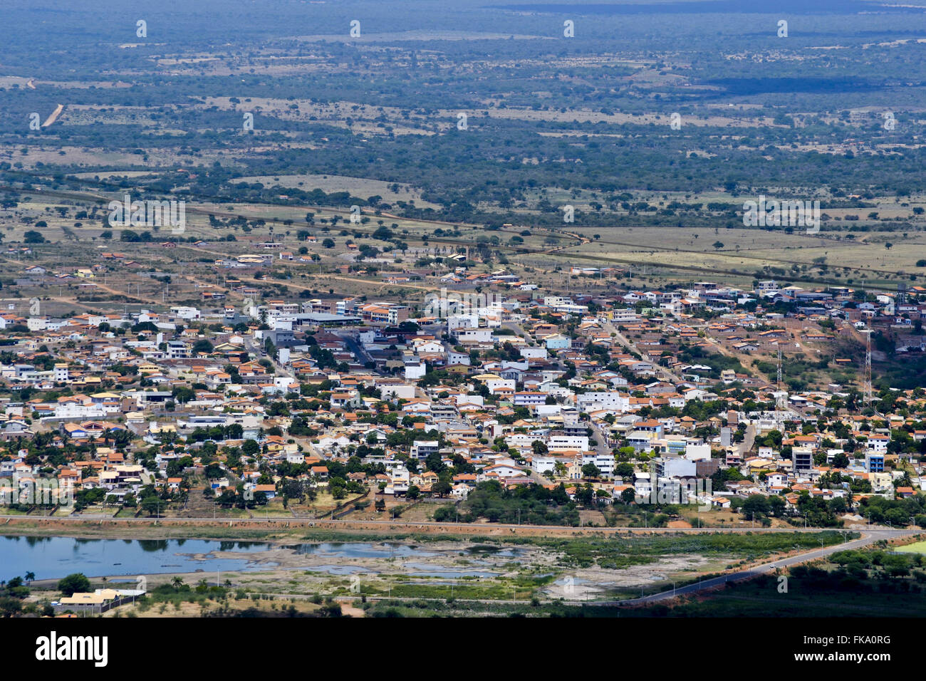 Vista aerea della città con vegetazione a macchia di sfondo Foto Stock