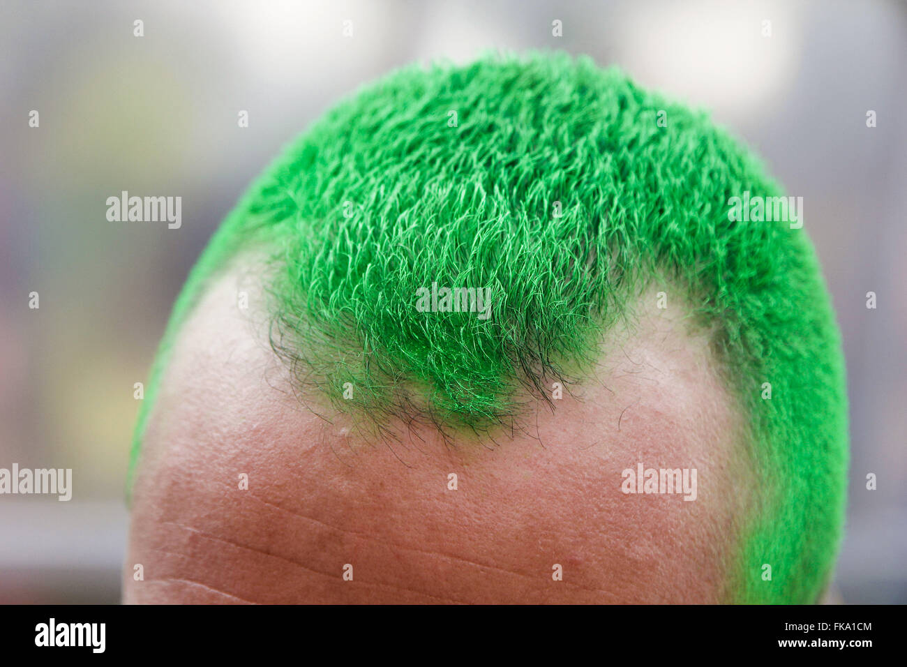 Chiudere sostenitore dei capelli verniciati di verde in Fan Fest Valley Anhangabau Foto Stock