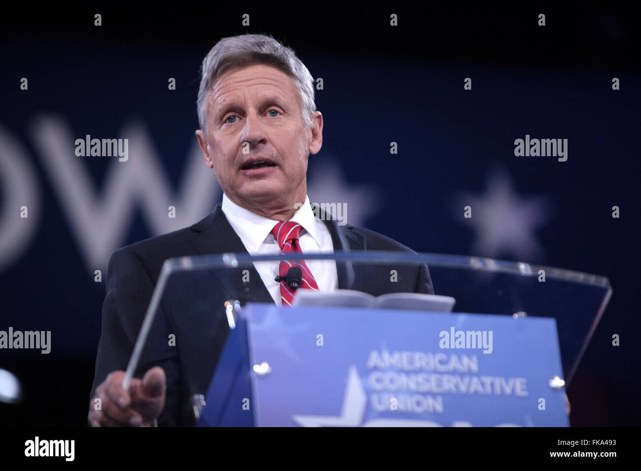 Ex New Mexico Gov. Gary Johnson indirizzi annuali di conservatore americano Unione CPAC conferenza presso il Porto Nazionale Marzo 3, 2016 in Oxon Hill, Maryland. Foto Stock