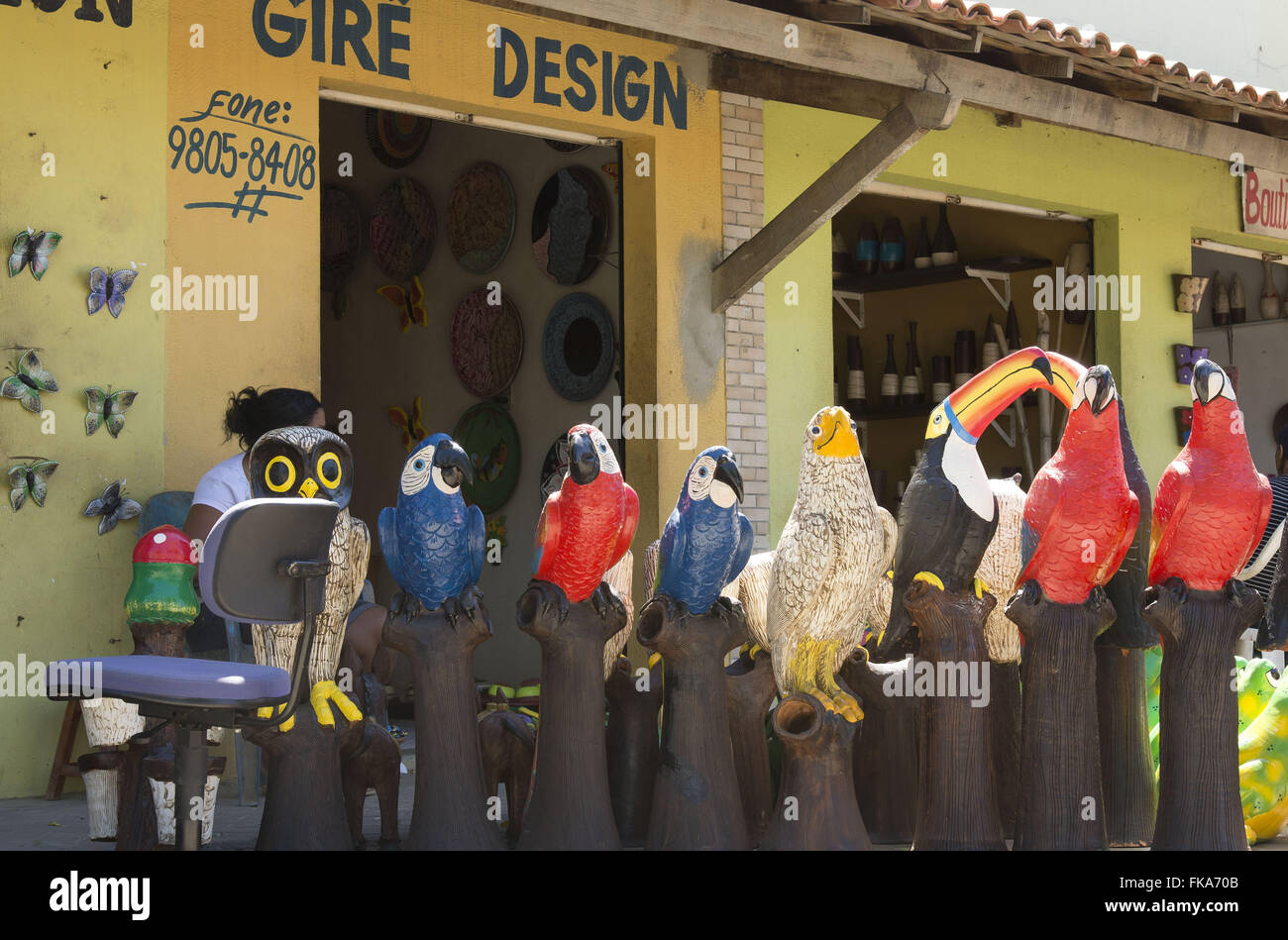 Aves em cerâmica expostas na calçada em frente as lojas do polo cerâmico fare Poti Velho Foto Stock