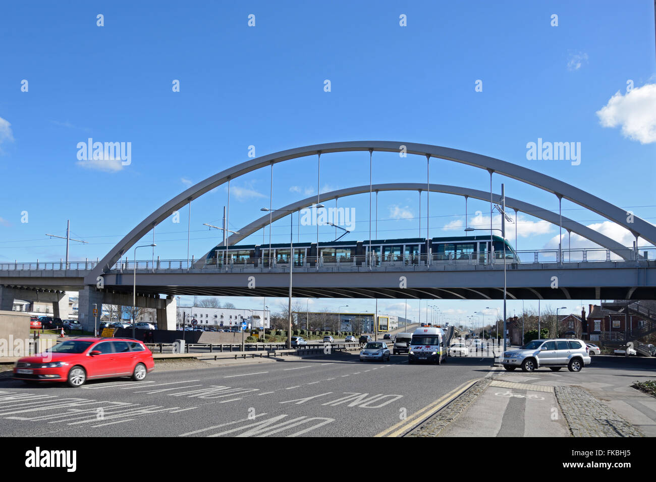 Ponte del tram, a QMC, Nottingham. Foto Stock