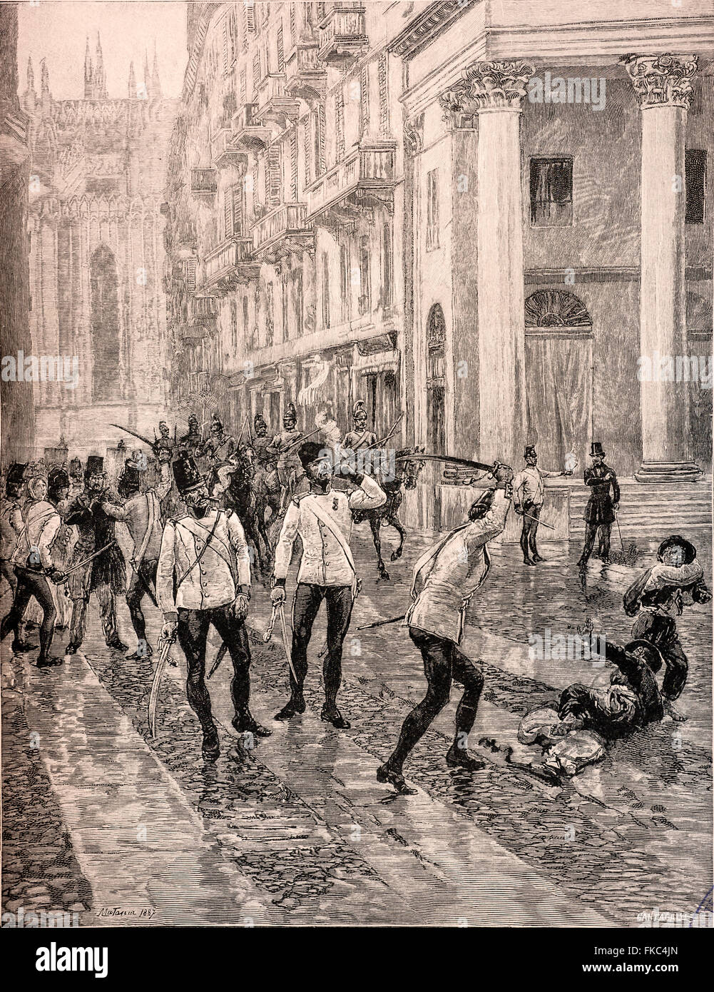 Risorgimento provocazione di Radetzky soldati contro la determinata gente di Milano di astenersi dal tabacco 3 Gennaio 1848 Foto Stock