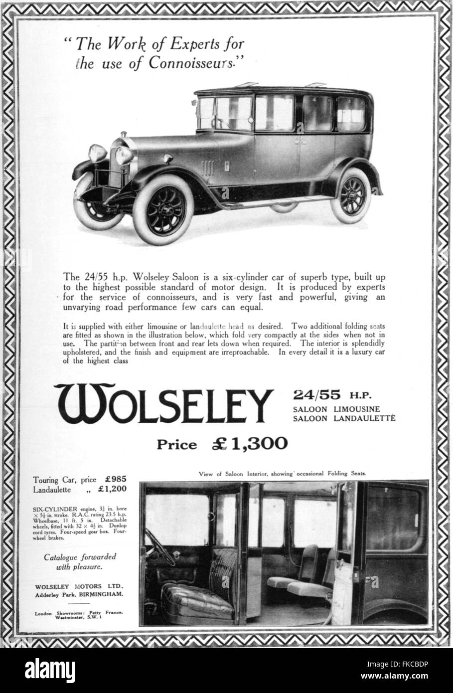 1920S UK Wolseley Magazine annuncio pubblicitario Foto Stock