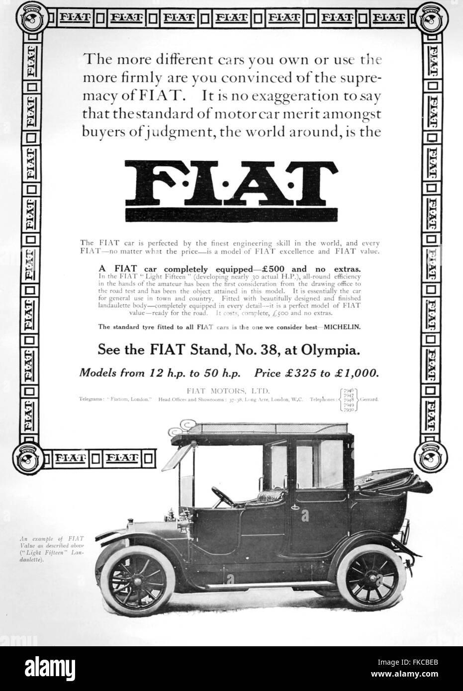 1920S UK Fiat Magazine annuncio pubblicitario Foto Stock