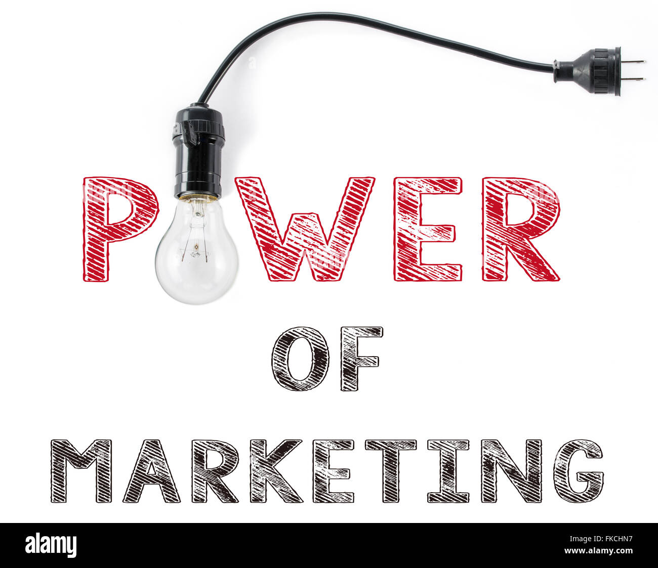 Potenza del marketing una frase e la luce della lampadina, la scrittura a mano business idea del marchio Foto Stock
