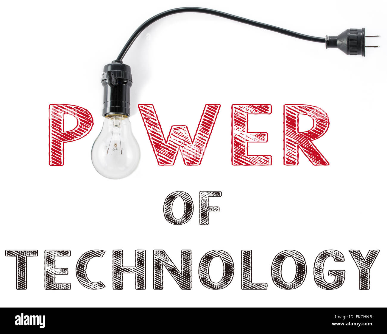 Potenza della tecnologia la frase e lampadina, la scrittura a mano i professionisti aziendali di ispirazione Foto Stock