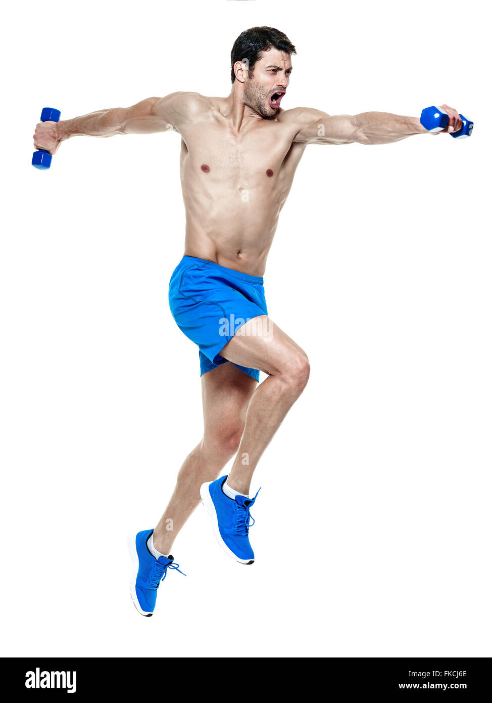 Un uomo caucasico esercizio esercizi fitness isolati su sfondo bianco Foto Stock