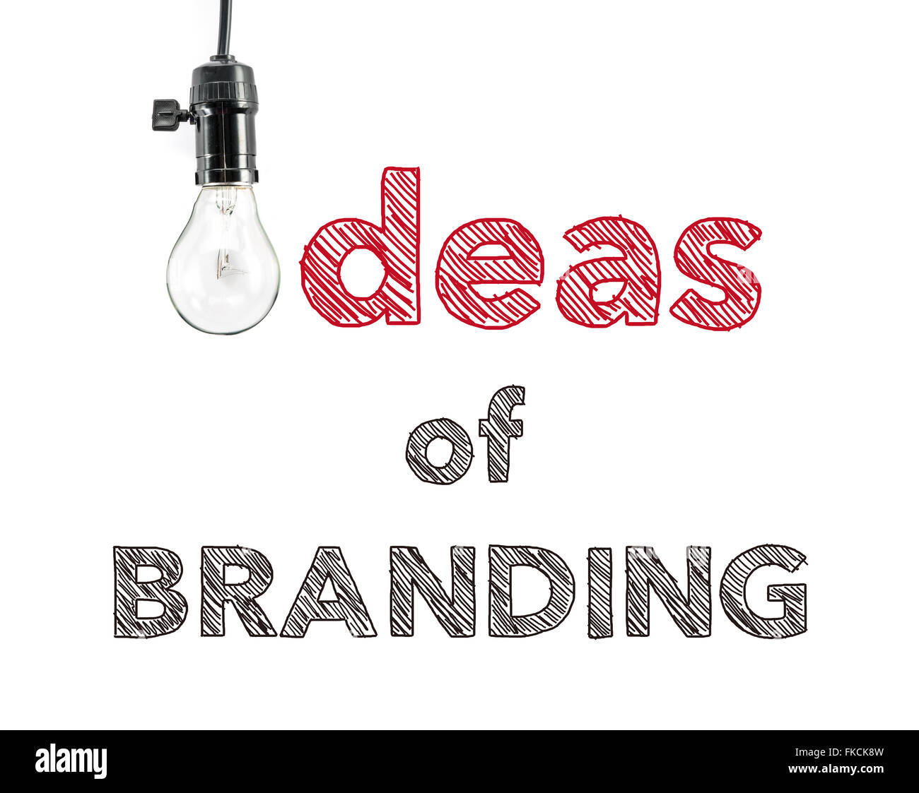 Idea di branding di una frase e la luce della lampadina, la scrittura a mano idee di mercato strategia creativa Foto Stock