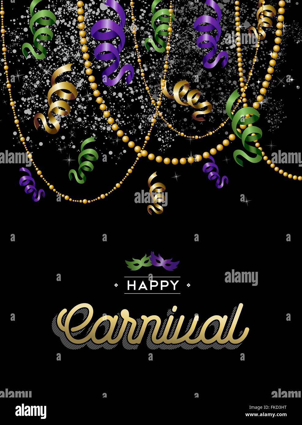 Felice design di carnevale, party decorazione in oro, viola e verde con etichetta di testo. EPS10 vettore. Illustrazione Vettoriale