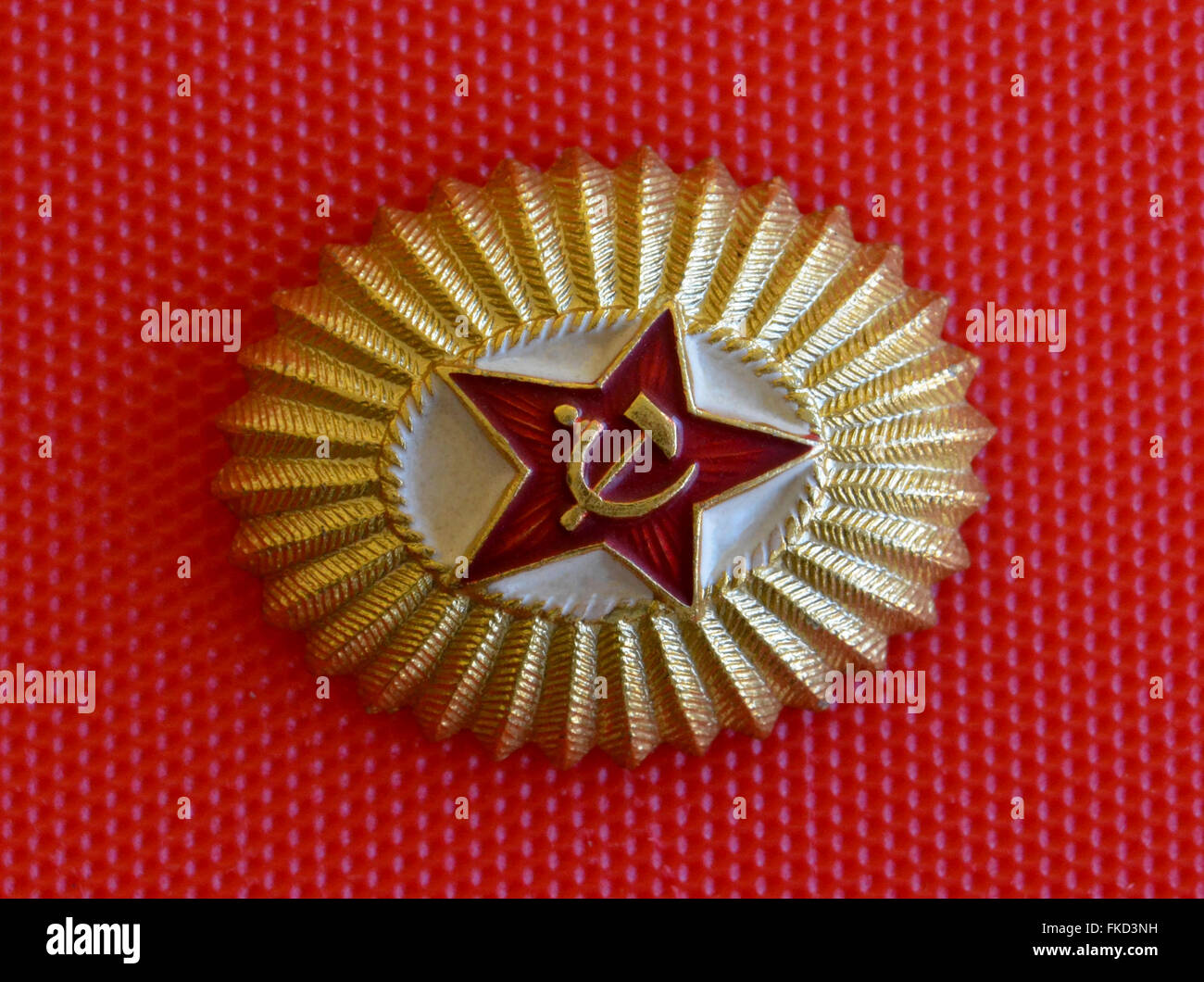 Un badge popolare dell'Unione Sovietica mostra una stella rossa con la falce e il martello, un simbolo comunista creato per la rivoluzione russa del 1917. Essa è stata data al visitatore americano in URSS (Unione delle Repubbliche socialiste sovietiche) nel 1962 durante la Guerra Fredda. Questo ovale in metallo leggero misure emblema 1-3/16 pollici nella dimensione corta da 1-7/16 pollici nella dimensione lunga. Foto Stock