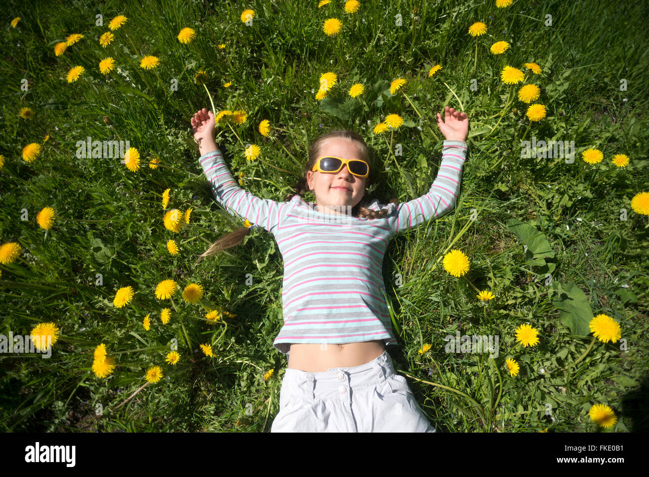 Ragazza gode di primavera tempo soleggiato che stabilisce tra molti giallo fiori di dente di leone Foto Stock