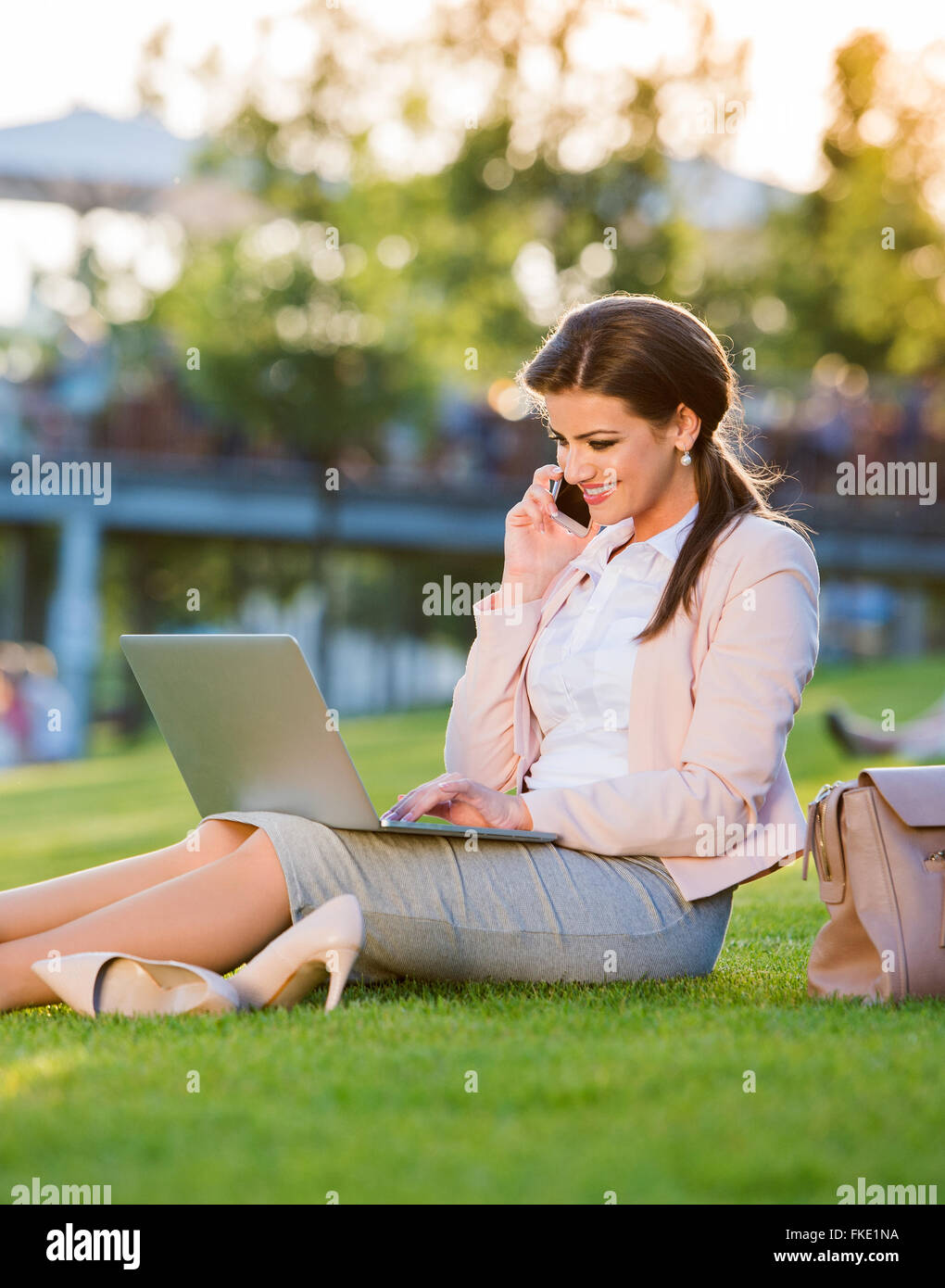 Imprenditrice nel Parco lavorando su laptop, rendendo chiamata telefonica Foto Stock