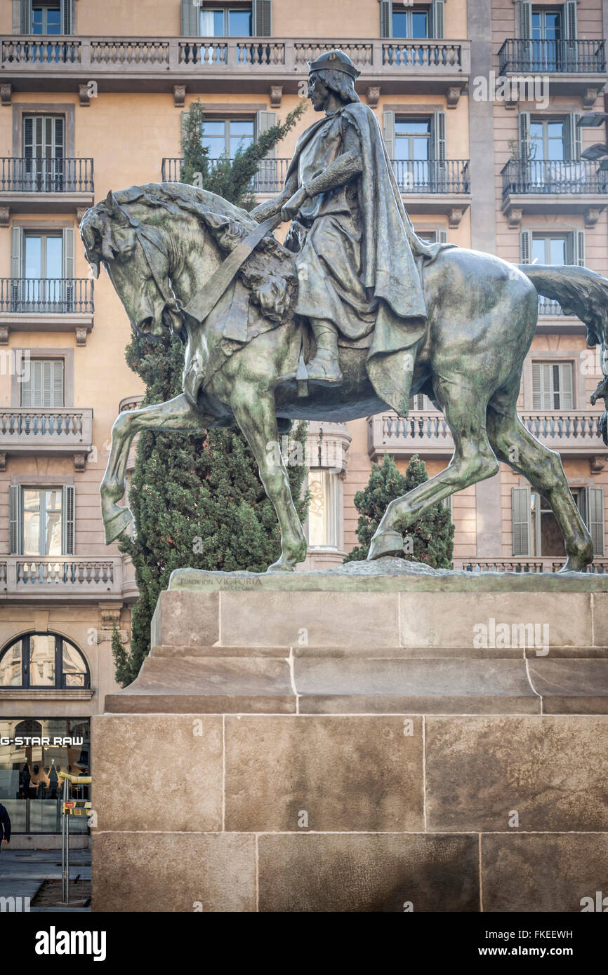 Statua equestre Ramón Berenguer, di Josep Llimona, Barcellona. Foto Stock