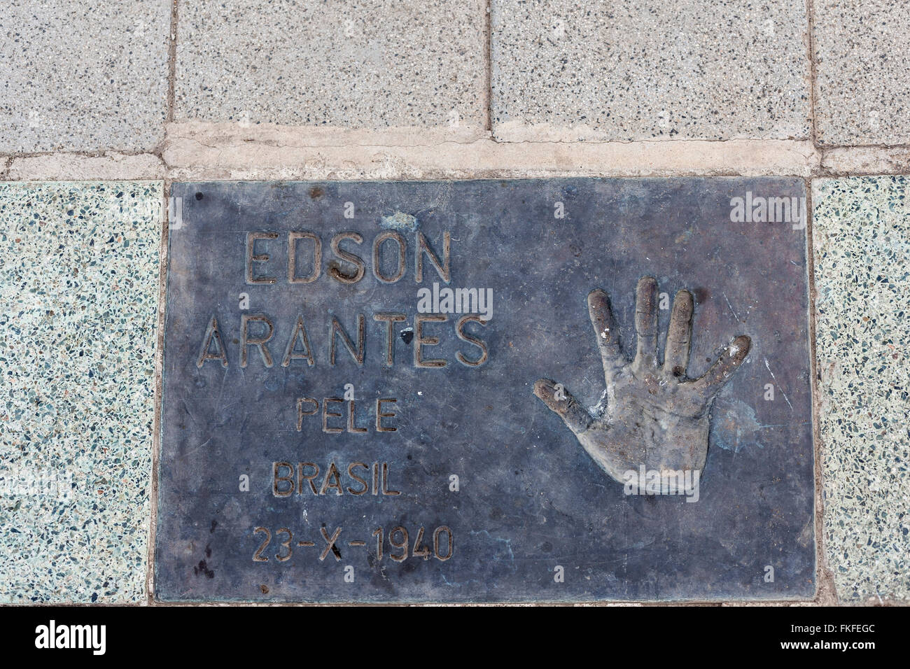 Stampa pavimento mano di Edson Arantes Pele in Plaza dels Champions, Parc de la Nova Icària, Vila Olimpica, Barcellona. Foto Stock