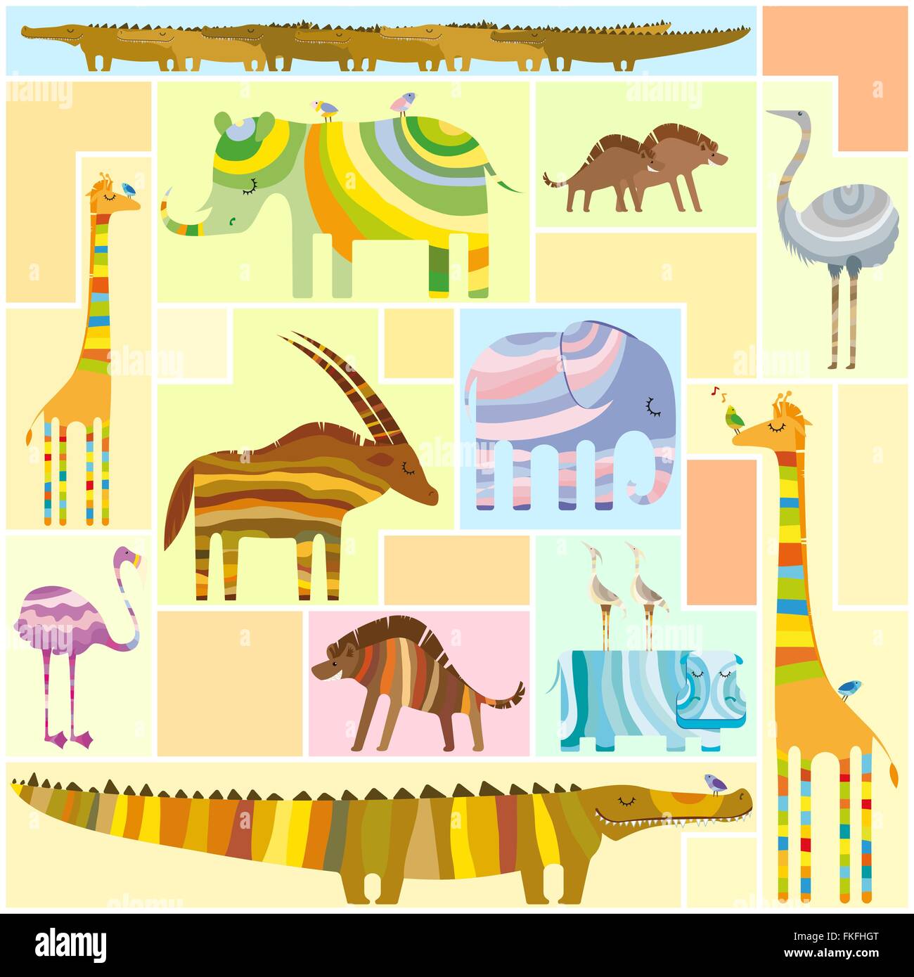 Animali africani Tetris Collage Low colore Illustrazione Vettoriale