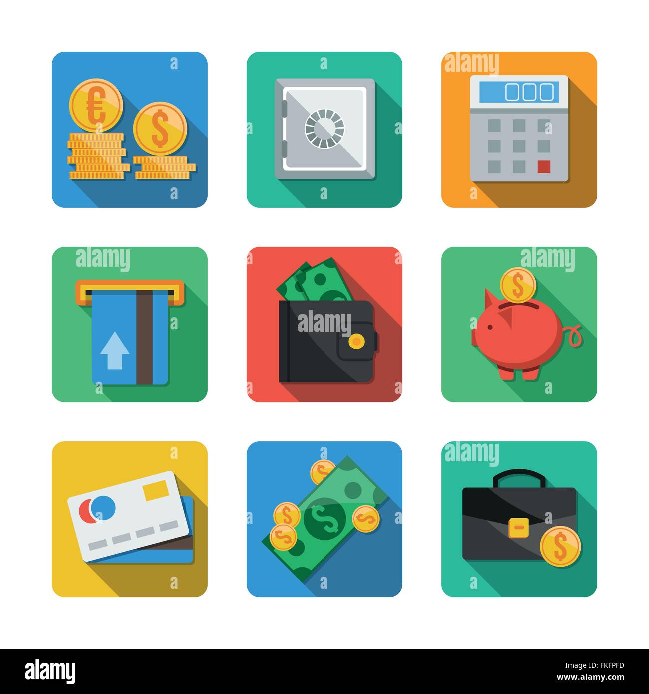 Nove diverse icone in uno stile piatto Illustrazione Vettoriale