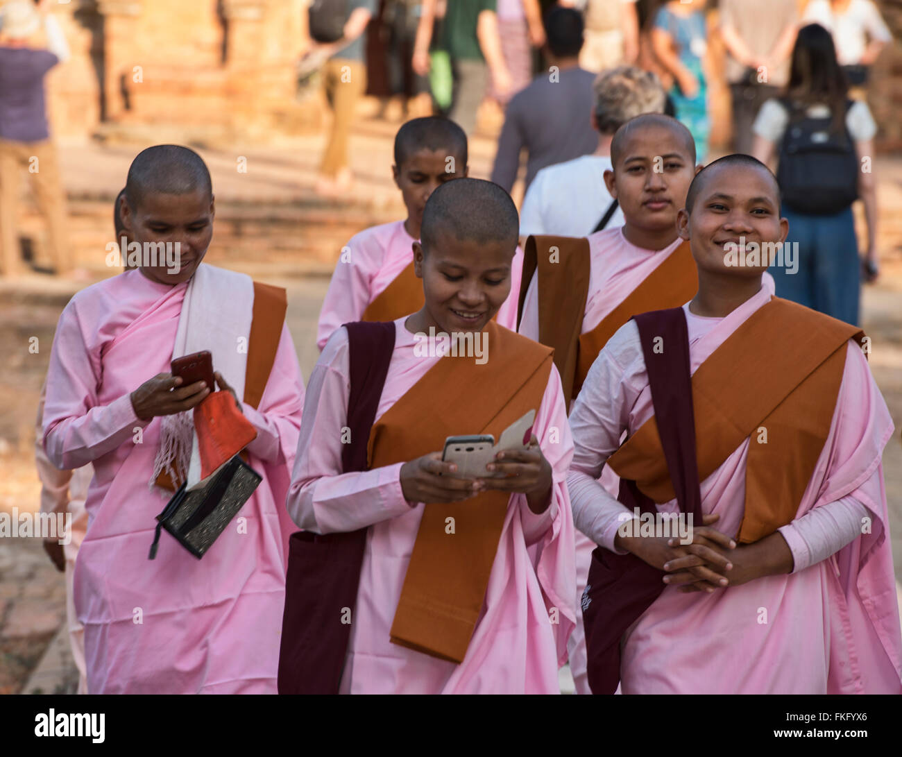 Le monache con i telefoni cellulari di Bagan, Myanmar Foto Stock