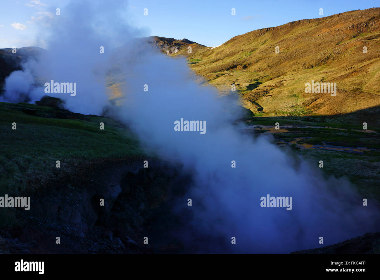 Primavera calda e fumante, Hengill montagne, Hveragerdi, SW Islanda Foto Stock