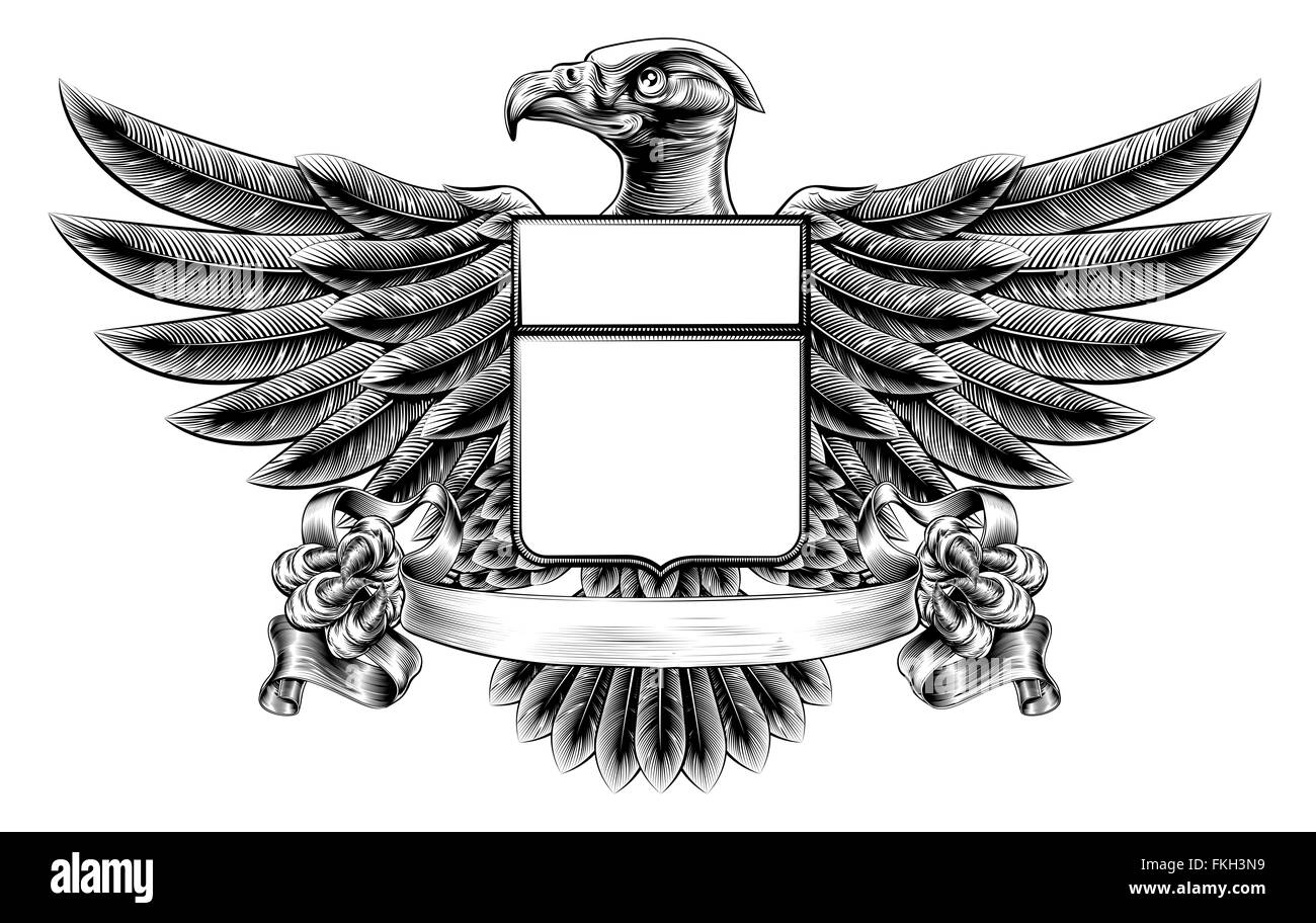 Vintage xilografia o stile woodblock protezione parafango eagle insegne motif tenendo un banner scorrere nella sua artigli Foto Stock