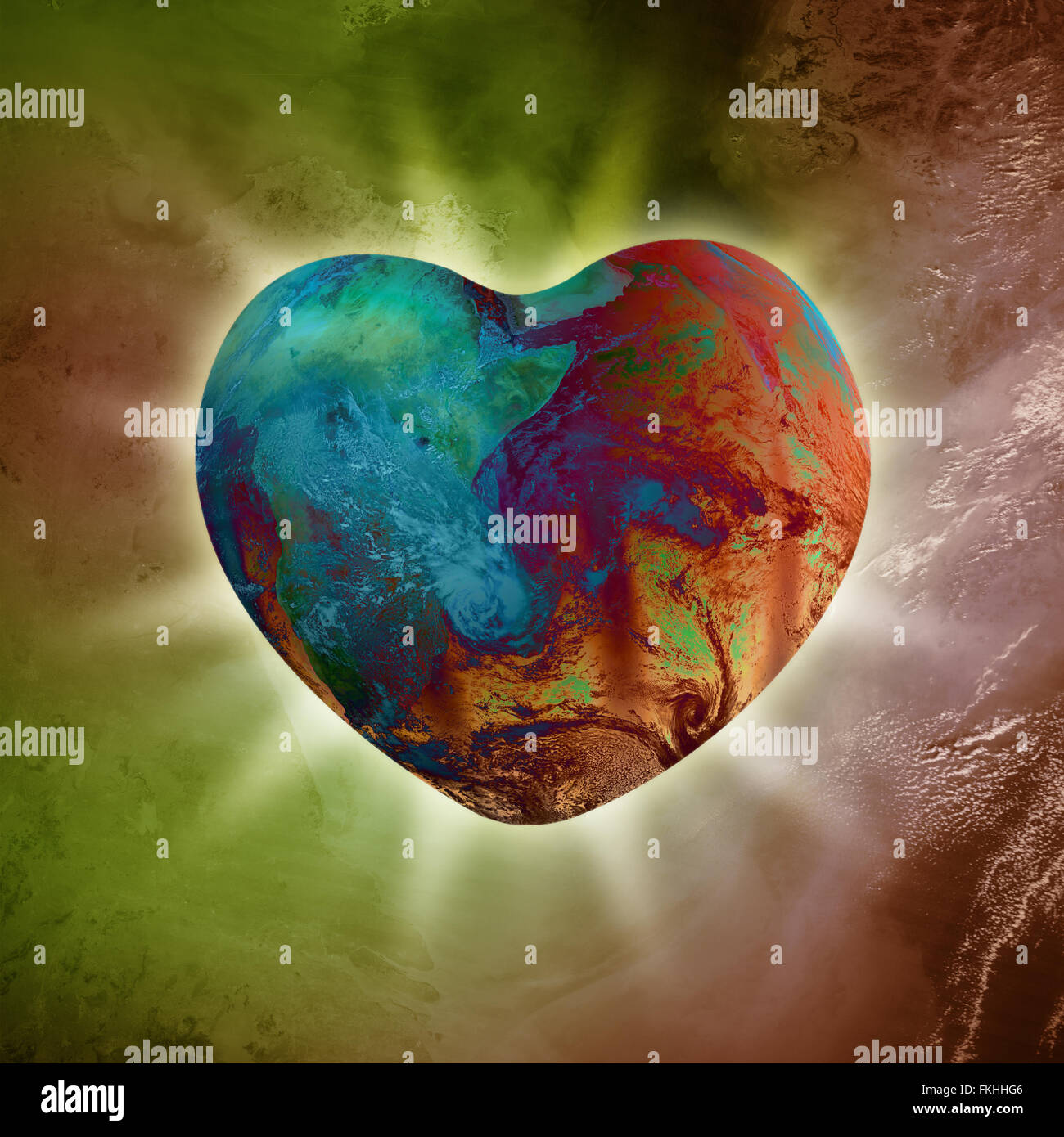 Immagine concettuale di a forma di cuore il pianeta Terra che emana con amore puro energia Foto Stock