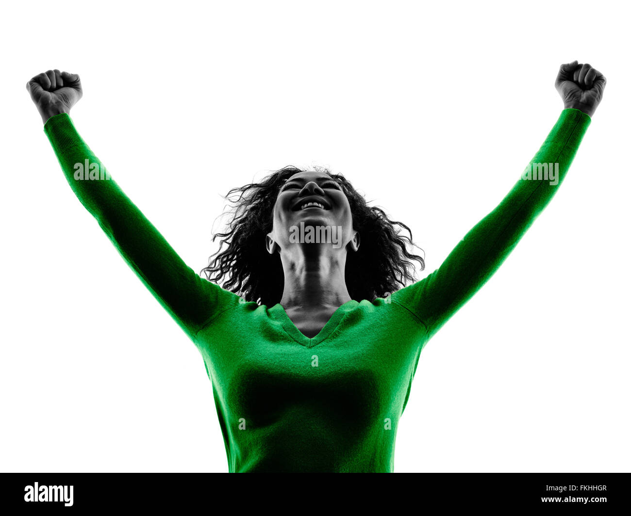 Una razza mista giovane donna felicità a braccia alzate silhouette isolati su sfondo bianco Foto Stock
