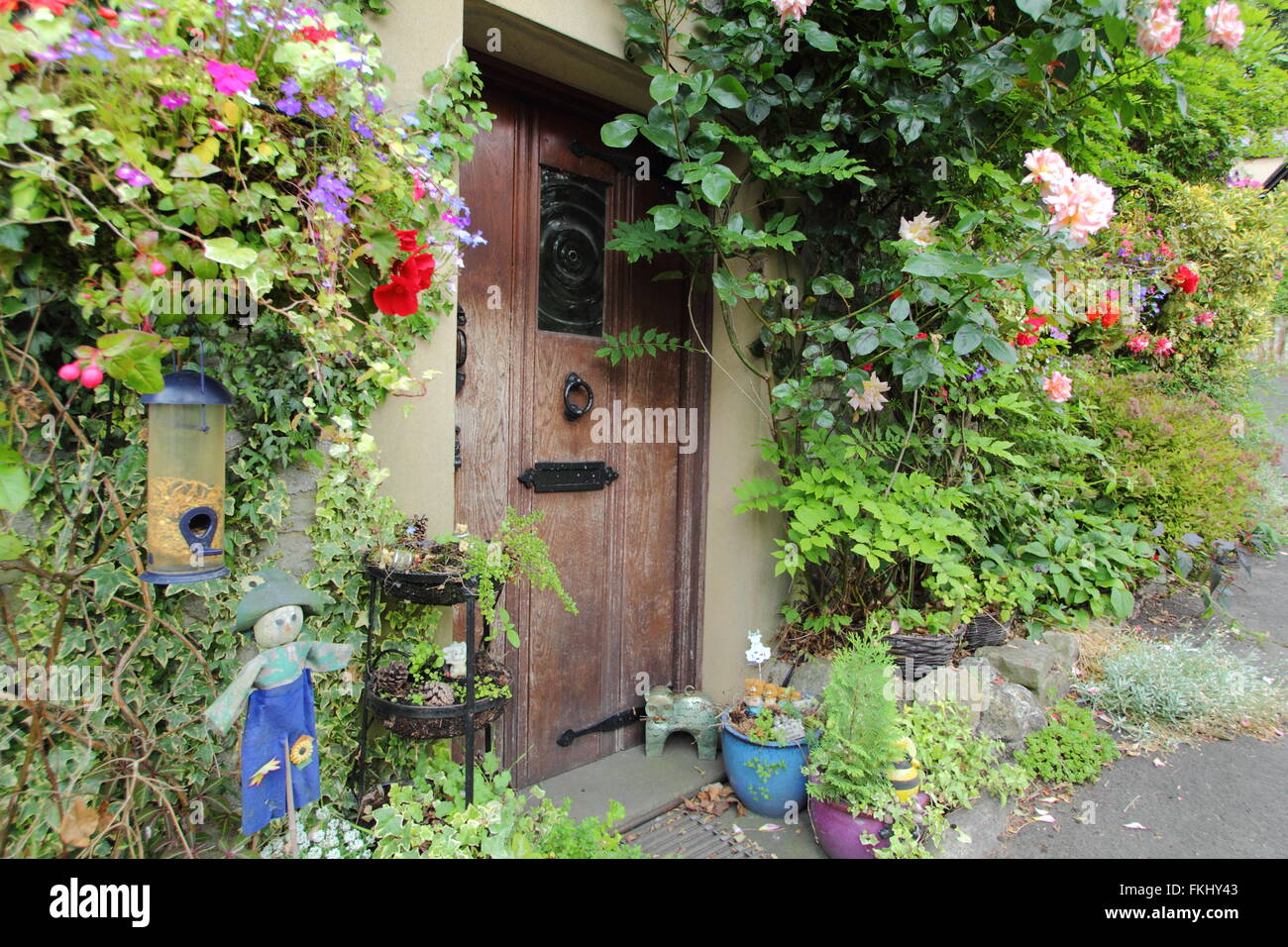 Piantare intorno alla porta di legno di un tradizionale cottage in pietra nel Peak District, DERBYSHIRE REGNO UNITO Inghilterra Foto Stock