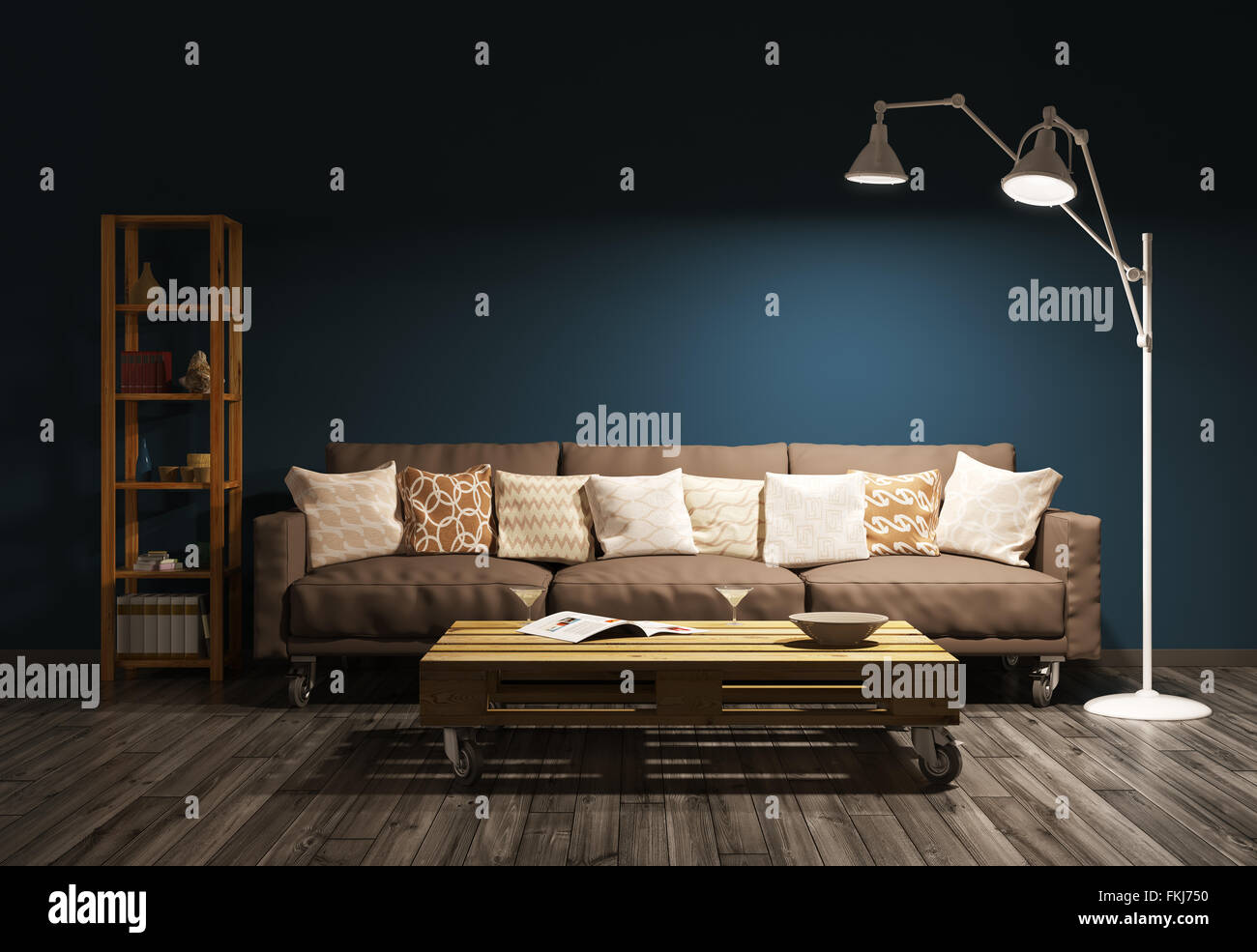 Serata moderno interno del soggiorno con divano letto, lampada da terra  contro di parete marrone 3D render Foto stock - Alamy