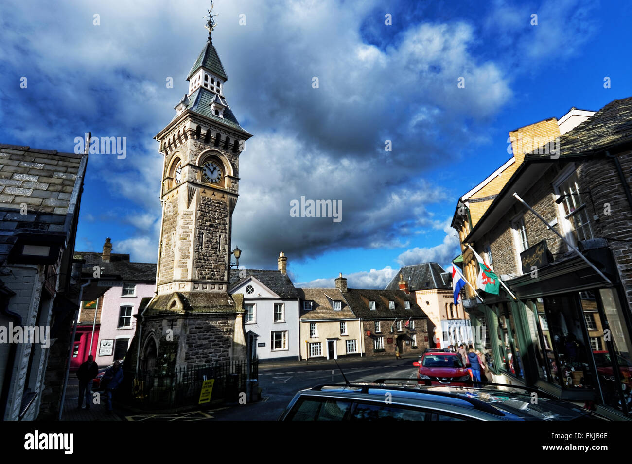 Orologio,Hay-on-Wye (Y Gelli Gandryll o Y Gelli in Welsh) o 'fieno", è una piccola città mercato nel Brecknockshire, ora Powys, in Galles. Foto Stock