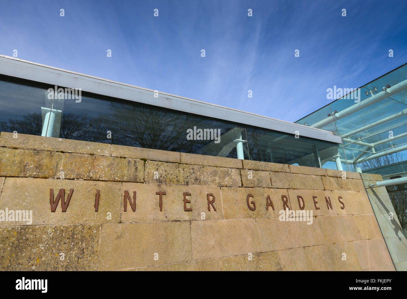 Segno per i Giardini Invernali entro Duthie Park della città di Aberdeen, Scozia, Regno Unito Foto Stock