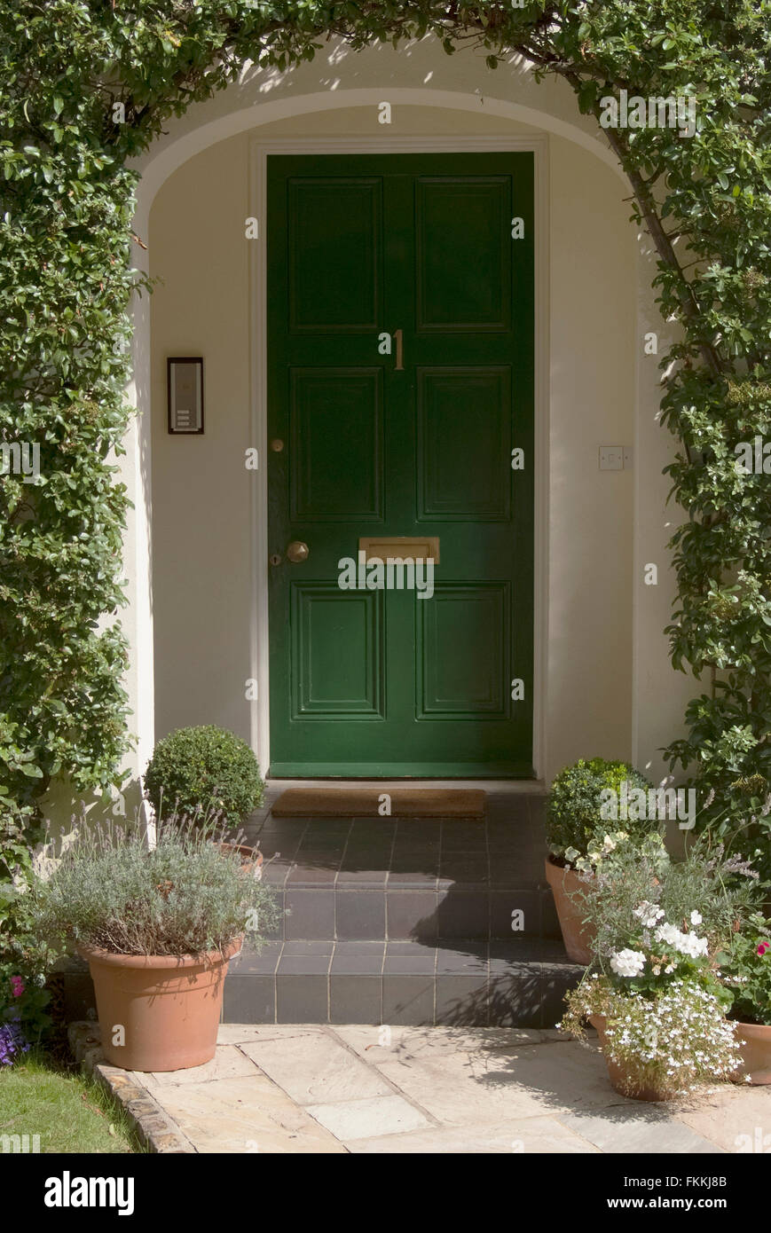 Un verde porta anteriore di una casa residenziale. con un interfono su parete e vasi per piante sul sentiero. Foto Stock